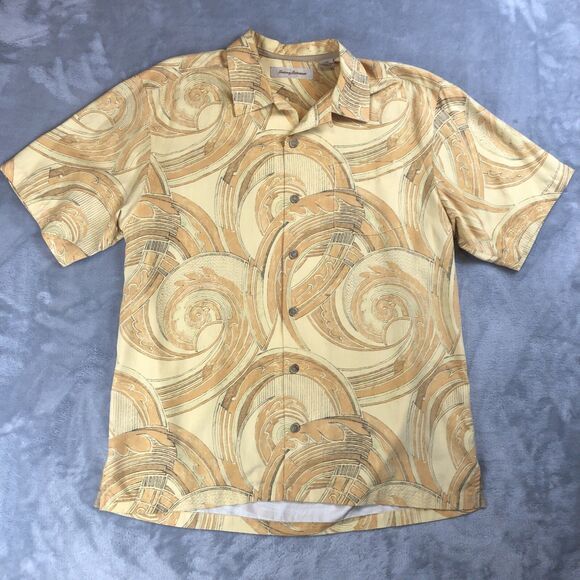 Tommy Bahama Men’s L Silk Camp Shirt Yellow Golden Waves Hawaiian Print - Picture 1 of 8